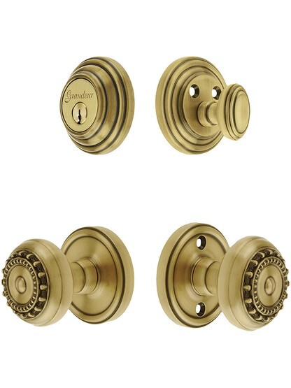 Grandeur Georgetown Entry Door Set, Keyed Alike with Parthenon Knobs in Antique Brass.
